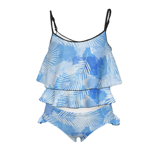 Kid's Swimsuit White Fronds on Blue