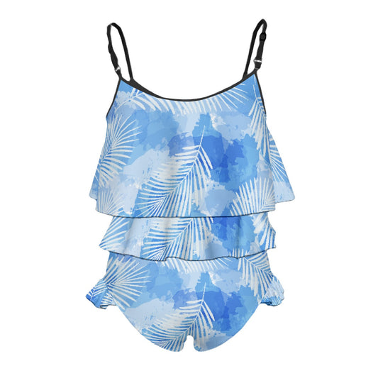 Kid's Swimsuit White Fronds on Blue