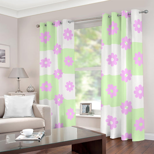 Blackout Grommet Curtains |Green and White with Purple Flowers