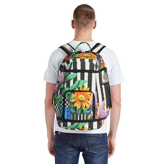 Multifunctional Backpack Bright Flowers on Black White Stripes
