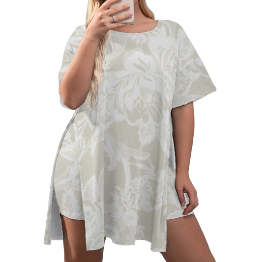 Women's Drop-Shoulder T-Shirt with Side Split and Shorts (Plus Size)White Print on Beige