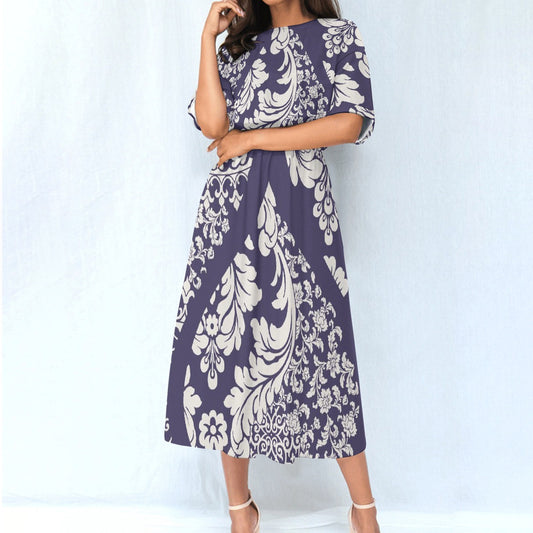 Women's Elastic Waist Dress Purple and Ivory
