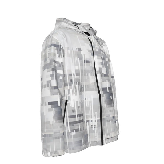 Men's Hooded Zipper Windproof Jacket White and Gray Design
