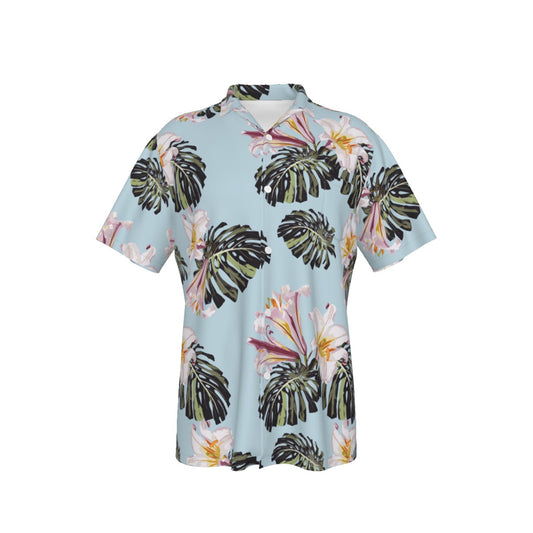 Men's Hawaiian Shirt With Pocket White Hibiscus on Blue