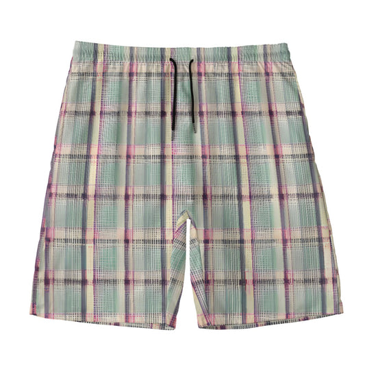 Men‘s Beach Shorts With Lining Pink Black Tan Plaid on Green
