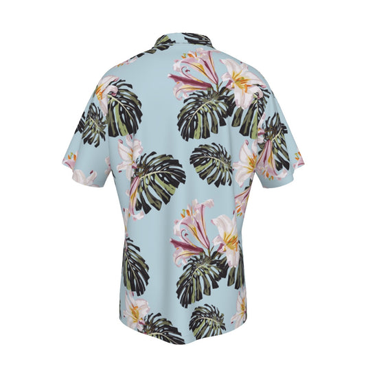 Men's Hawaiian Shirt With Pocket White Hibiscus on Blue