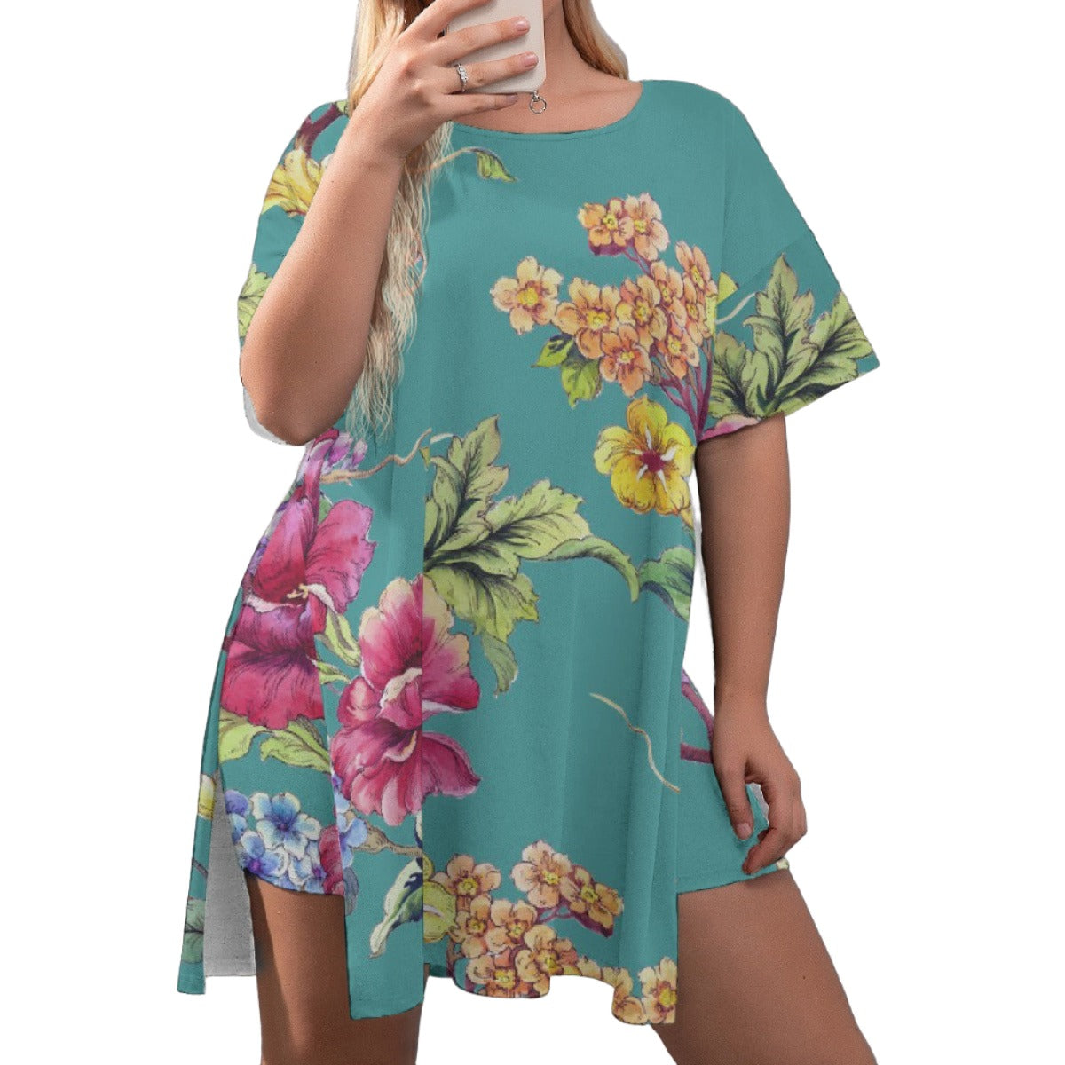 Women's Drop-Shoulder T-Shirt with Side Split and Shorts (Plus Size) Floral on Green