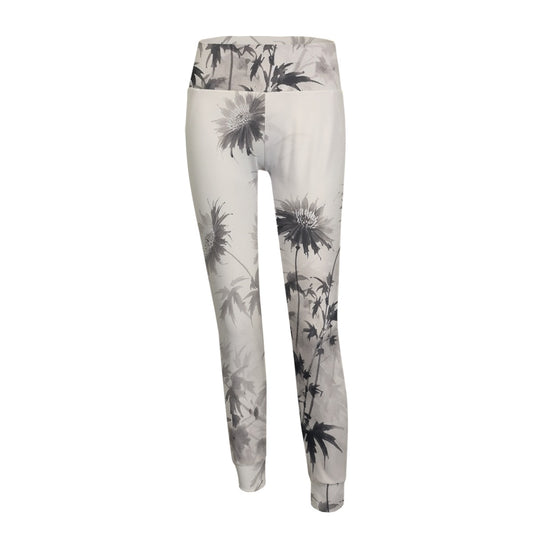 Women's Yoga Pants Black and White Floral on Beige