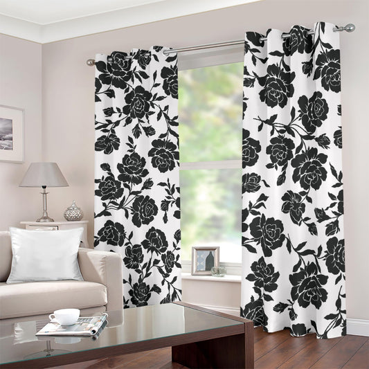 Blackout Grommet Curtains | Black Roses on White