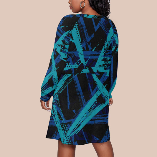 Women's Dress With Raglan Sleeve(Plus Size) Turquoise and Blue on Black