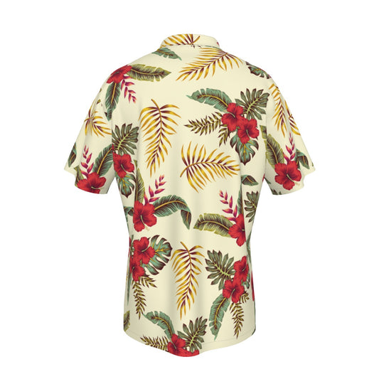Men's Hawaiian Shirt With Pocket Red Hibiscus on Yellow