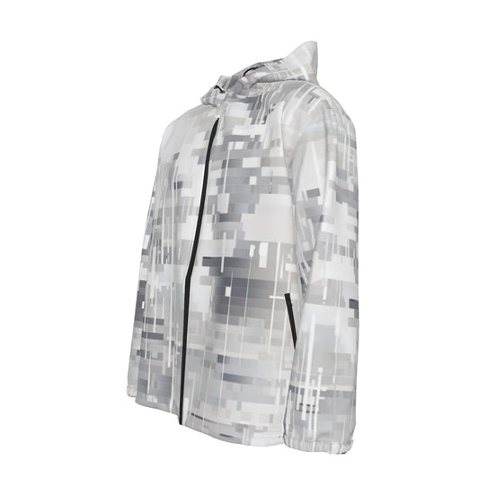 Men's Hooded Zipper Windproof Jacket White and Gray Design