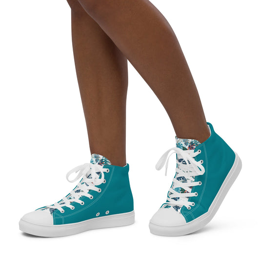 Eastern Blue/Leaves Women’s high top canvas shoes - 4RLives